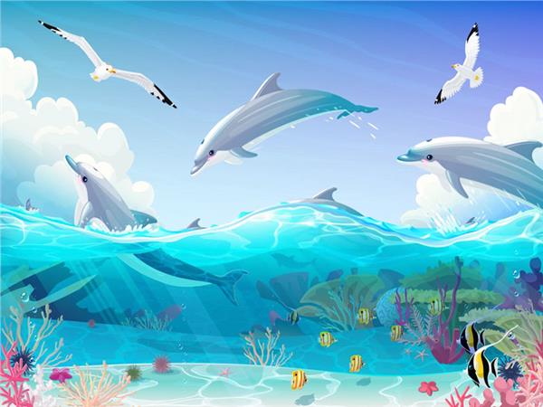 Dolphins and Martilar 3D Kids Room Wallpaper by MywallpaperShop