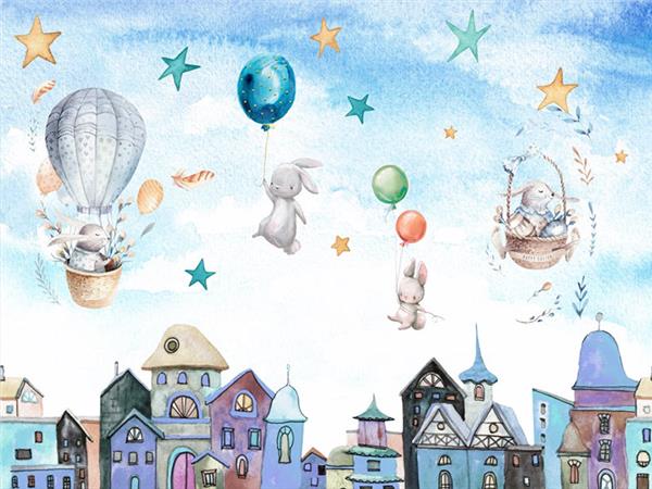 Flying Balloons Gokyuzu and Stars 3D Kids Room Wallpaper by MywallpaperShop