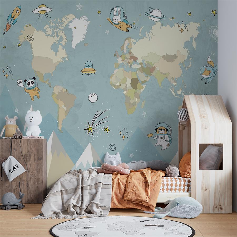 Astronaut Animals and World Map Kids Room Wallpaper