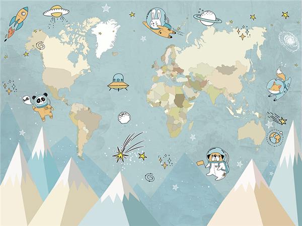Astronot Minikler and World Map Kids Room Wallpaper by MywallpaperShop