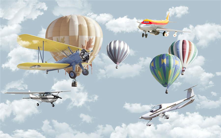 Blue Clouds Flying Balloons and Air Planes Kids Room Wallpaper
