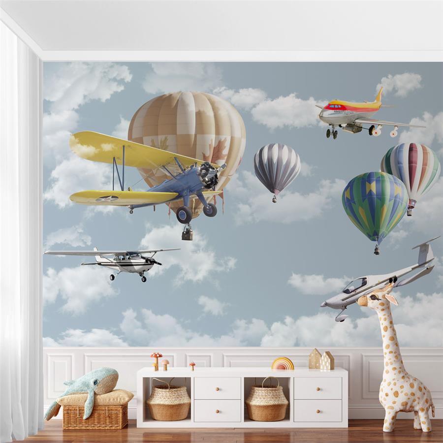 Blue Clouds Flying Balloons and Air Planes Kids Room Wallpaper