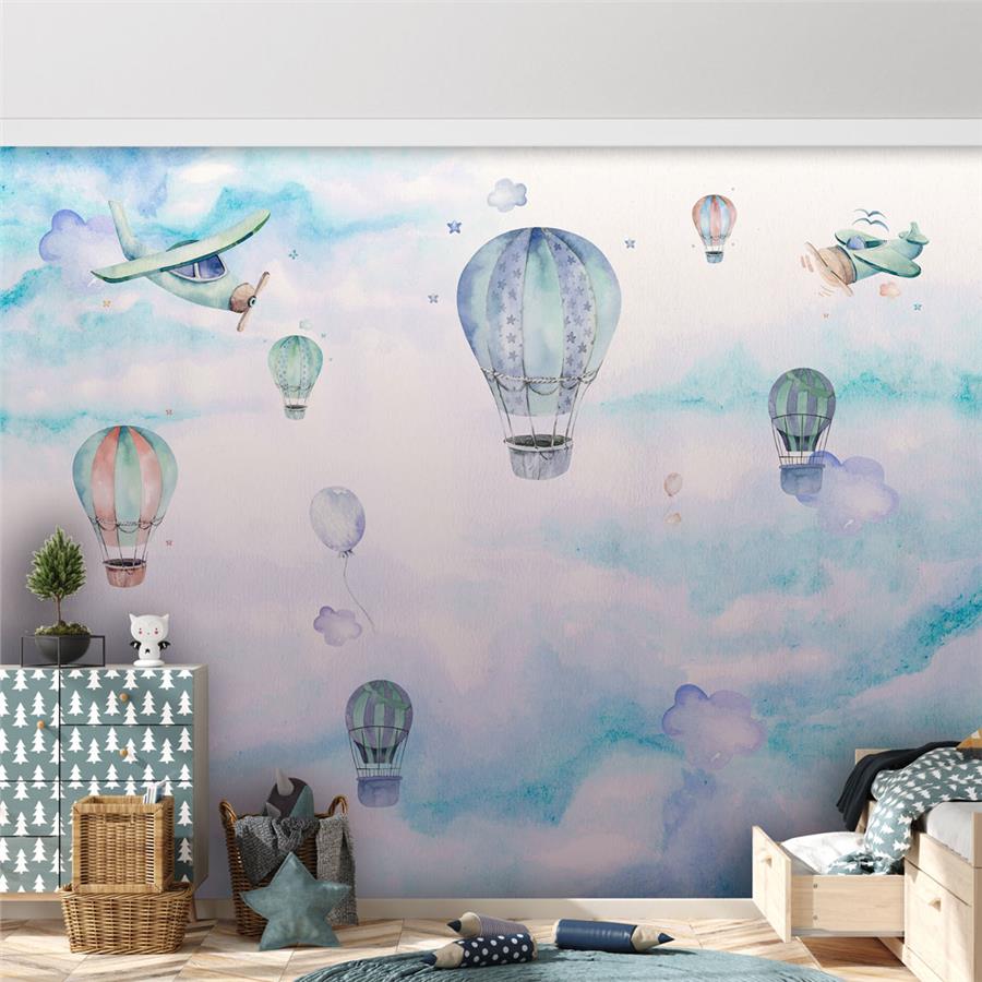 Blue Clouds Flying Balloons Kids Room Wallpaper