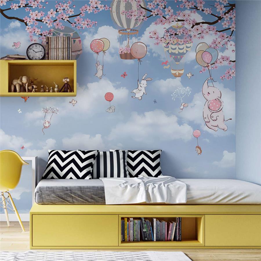 Bunnies Clouds and Balloons Kids Room Wallpaper