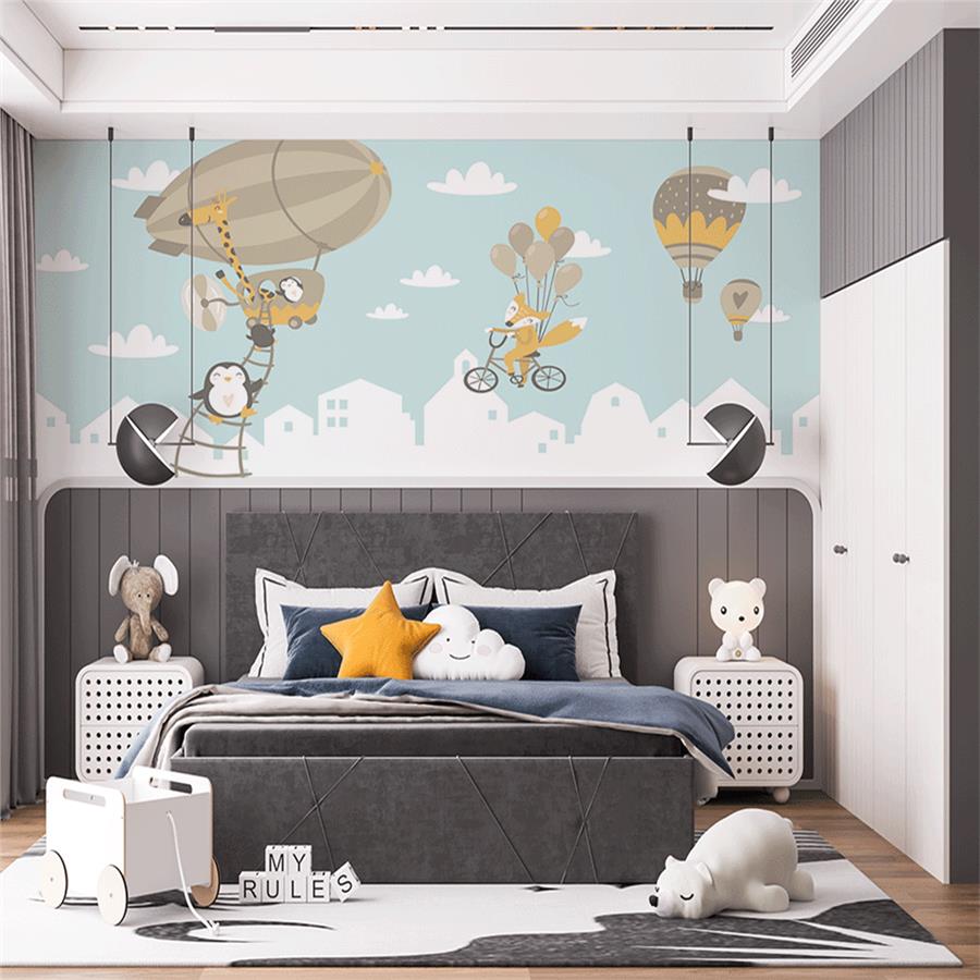 Cute Penguin and Giraffe in Hot Air Balloon Kids Wallpaper