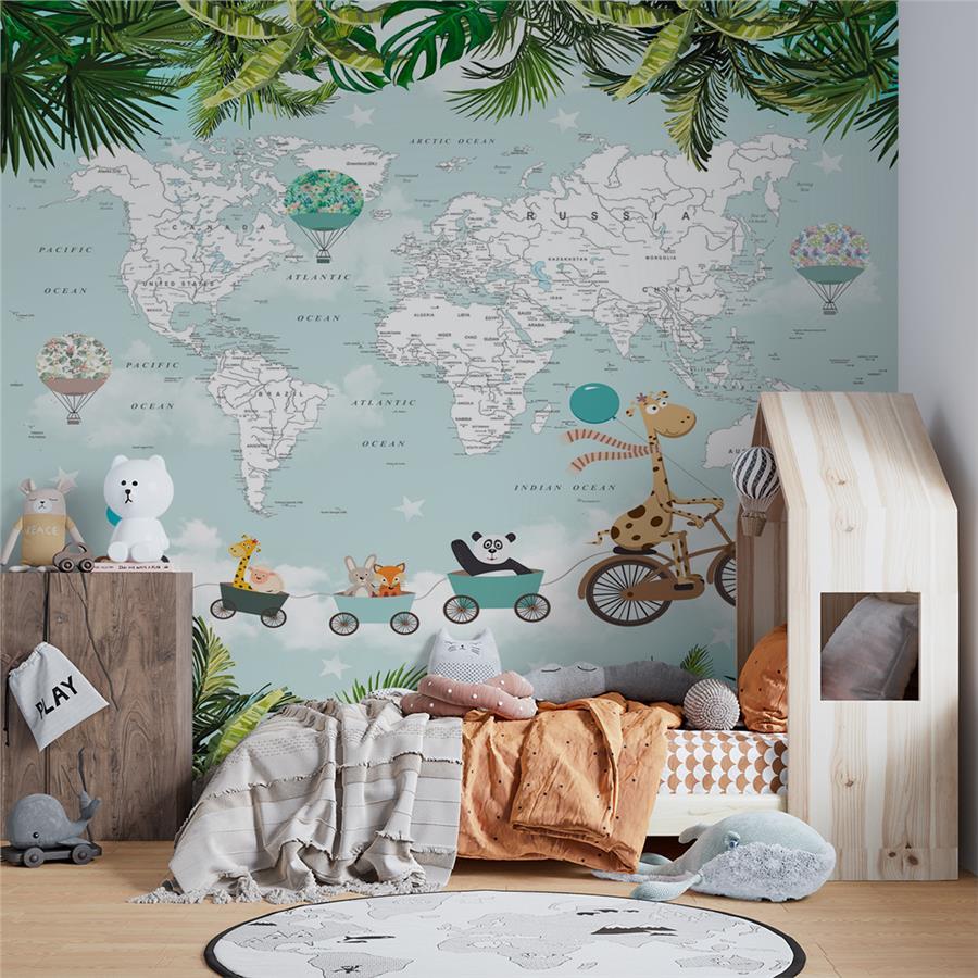 Cute Animals Educational World Map Kids Room Wallpaper