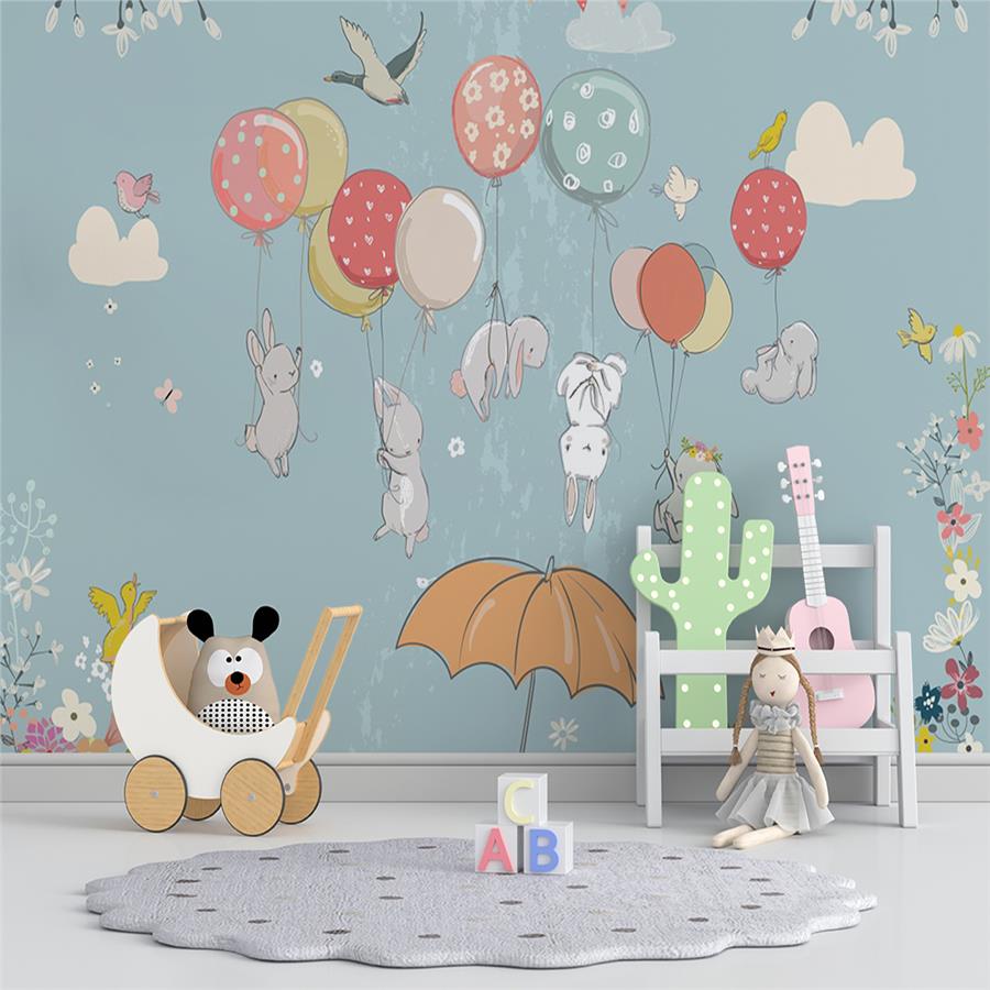 Cute Rabbits and Balloons Kids Room Wallpaper
