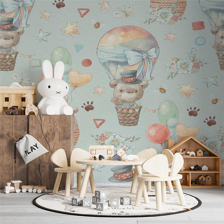 Cute Teddy Bear and Flying Balloons Kids Room Wallpaper