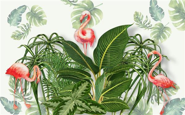 Pink Flamingo and Tropical Leaflar Wallpaper by MywallpaperShop