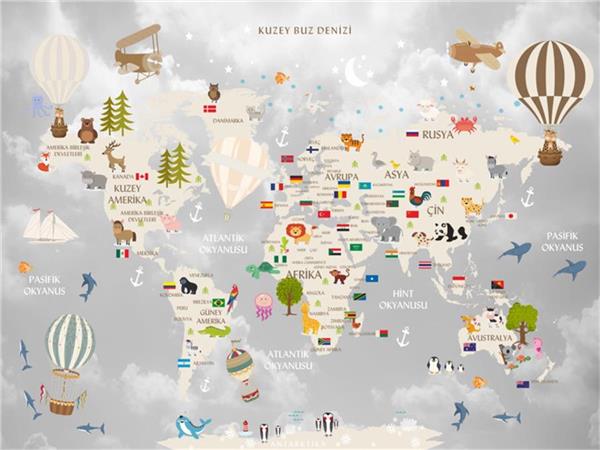 World Map SweetAnimals and Egitici Kids Room Wallpaper by MywallpaperShop