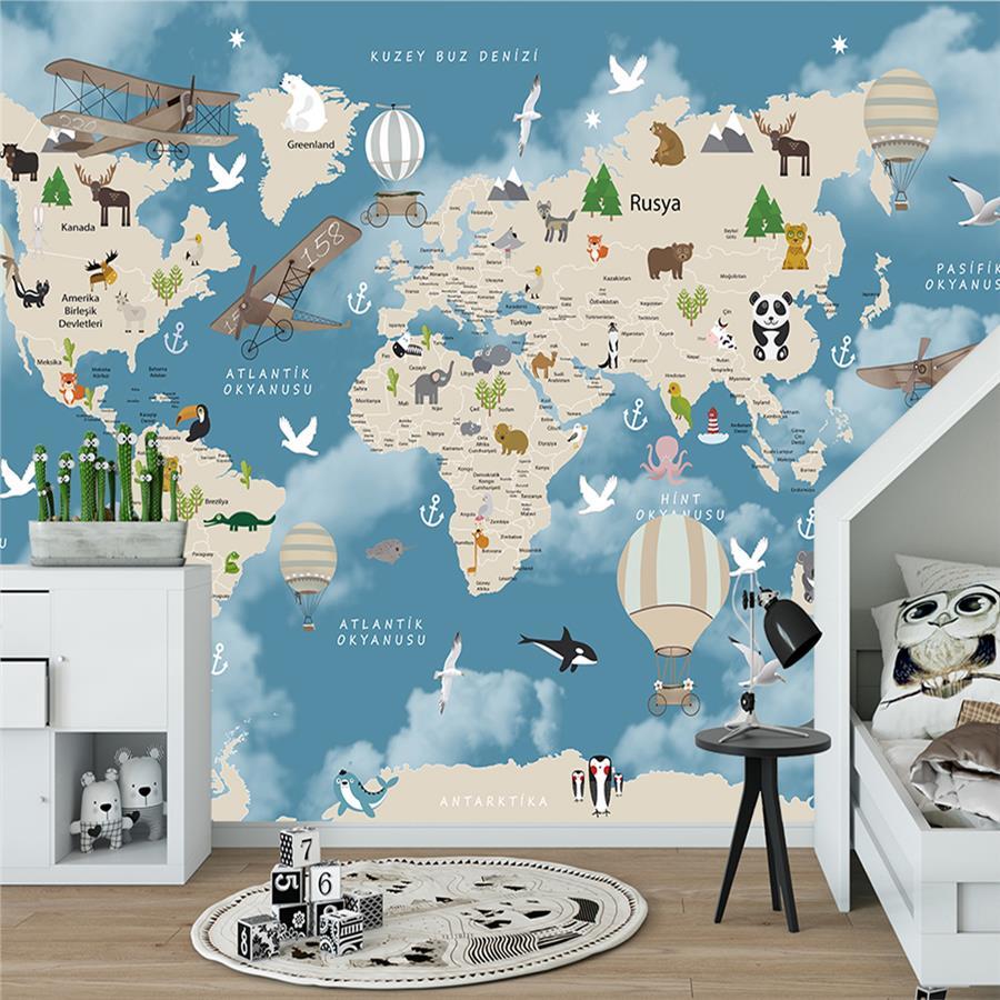 Educational Animals World Map Kids Room Wallpaper