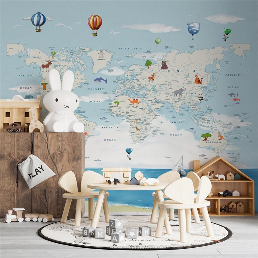 Educational World Map Kids Room Wallpaper