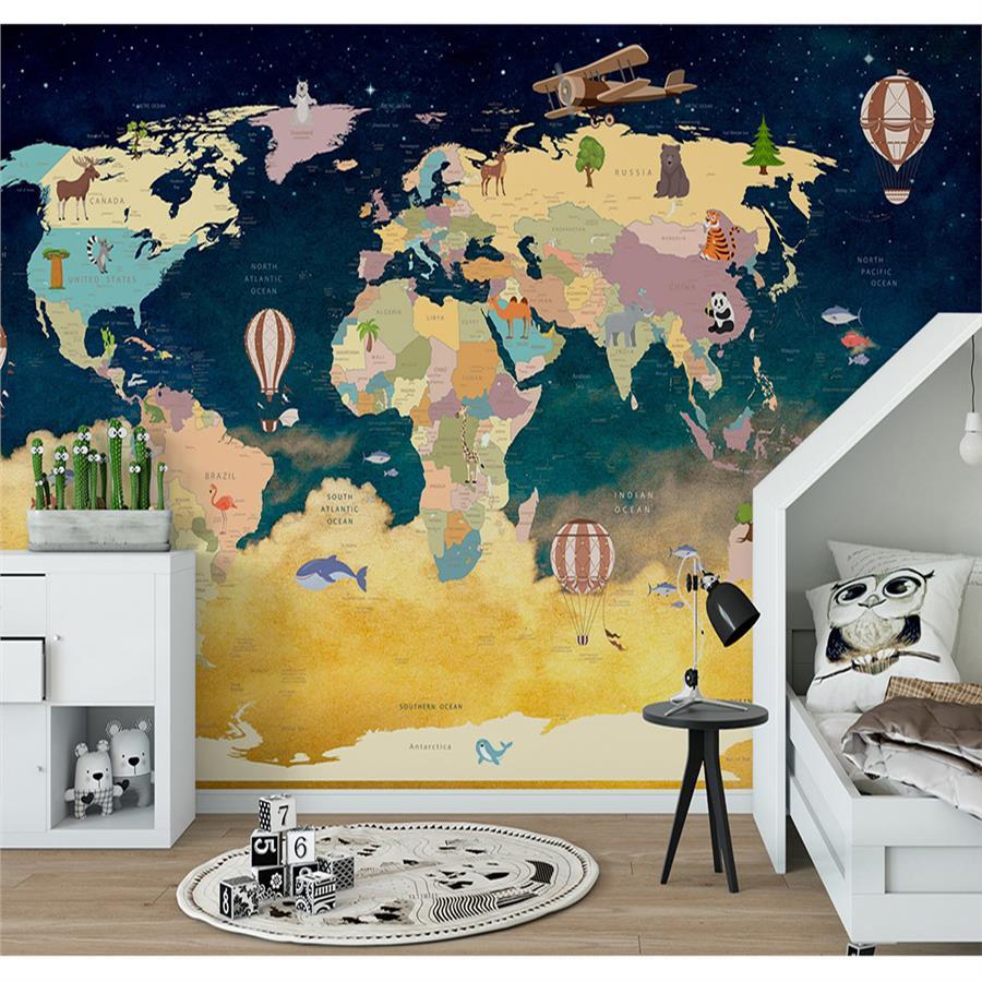Educational World Map and Flying Balloons Kids Room Wallpaper