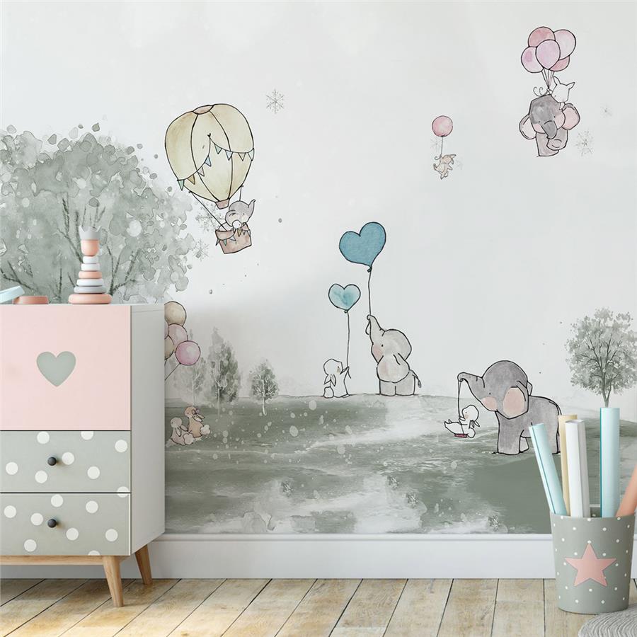 Elephants and Bunnies on Flying Balloons Kids Wallpaper