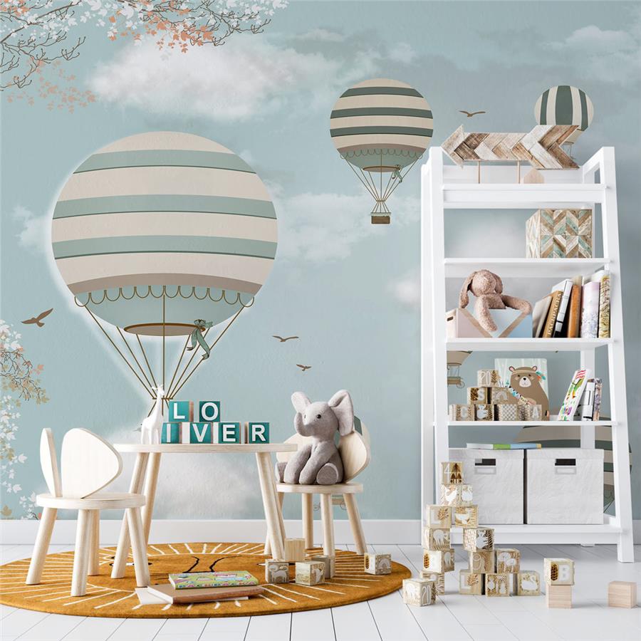 Flower Tree Branches, Clouds and Flying Balloons Kids Room Wallpaper