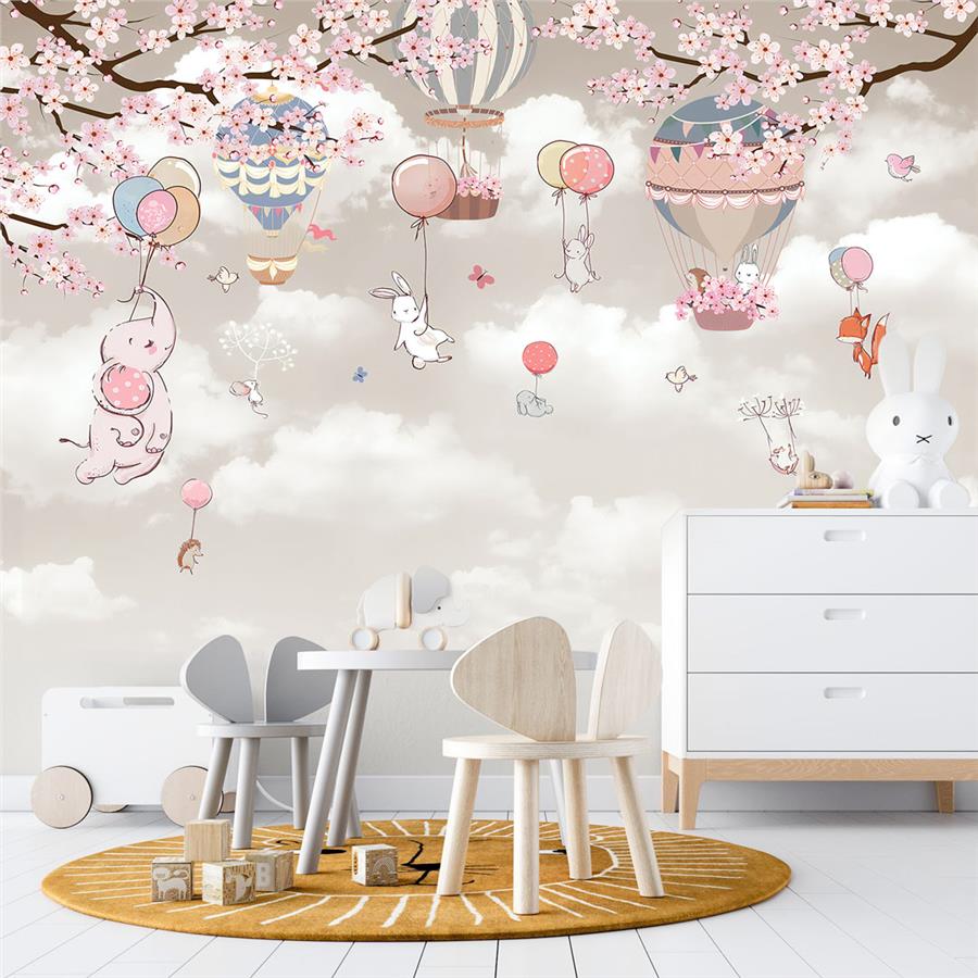 Flower Tree, Elephant and Bunny with Clouds and Balloons Kids Room Wallpaper