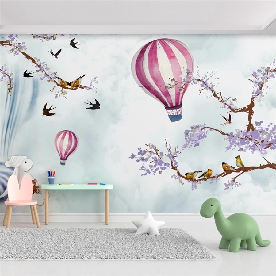 Flower Tree with Birds and Balloons Kids Room Wallpaper