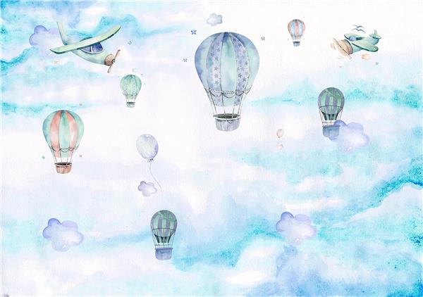 Blue Clouds Flying Balloons Kids Room Wallpaper by MywallpaperShop
