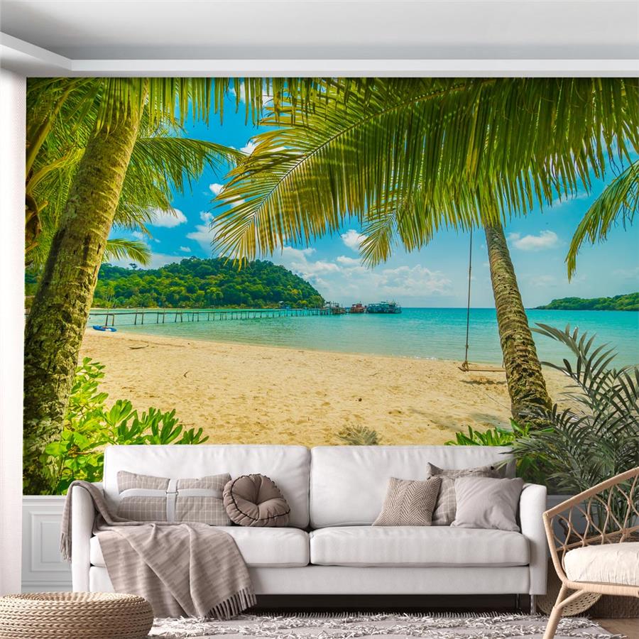 Palm Trees and Wooden Pier Leading to the Sea Wall Mural