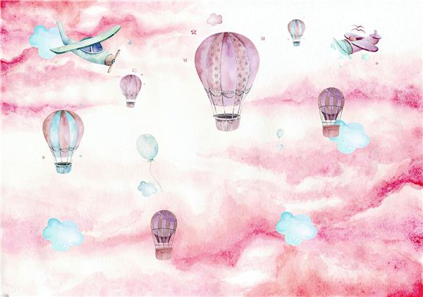 Pink Clouds Flying Balloons Kids Room Wallpaper by MywallpaperShop