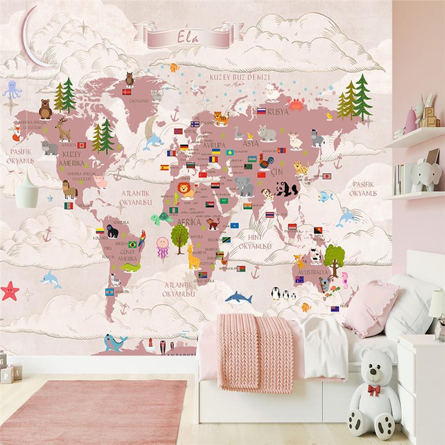 Pink Educational World Map Kids Room Wallpaper