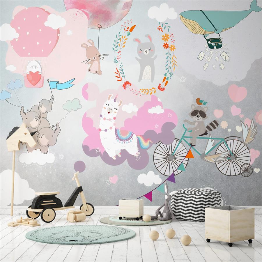 Pink Theme Sweet Animals Kids Room Wallpaper