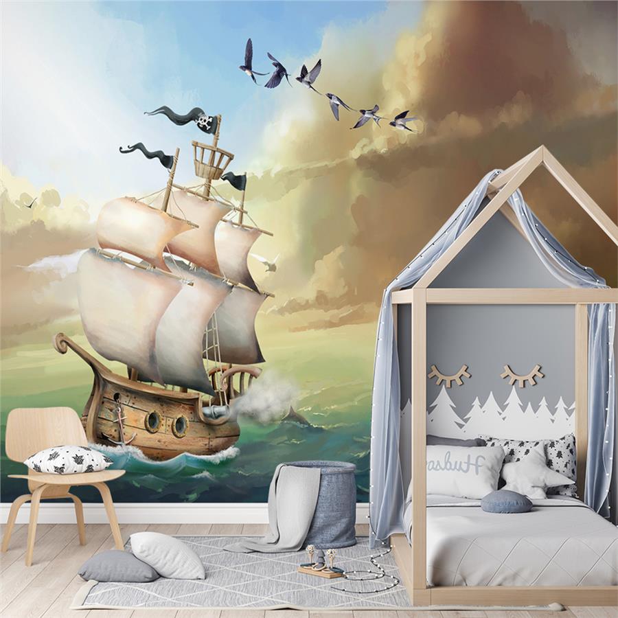 Pirate Ship and Ocean Kids Room Wallpaper