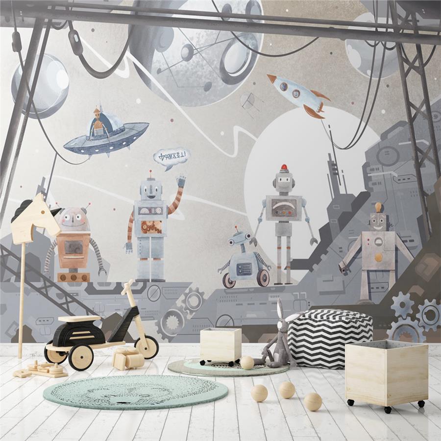 Robots and Space Kids Room Wallpaper
