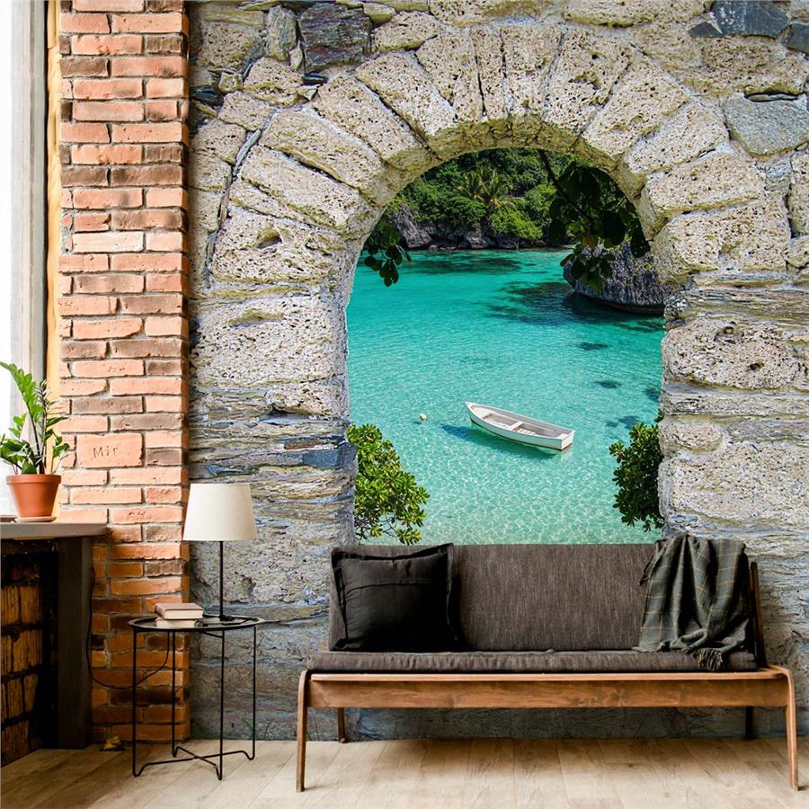 Sea Scenery Seen Through Historic Windows Wall Mural