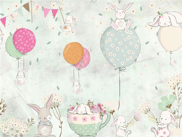 SweetBunnylar and Flying Balloons Kids Room Wallpaper by MywallpaperShop