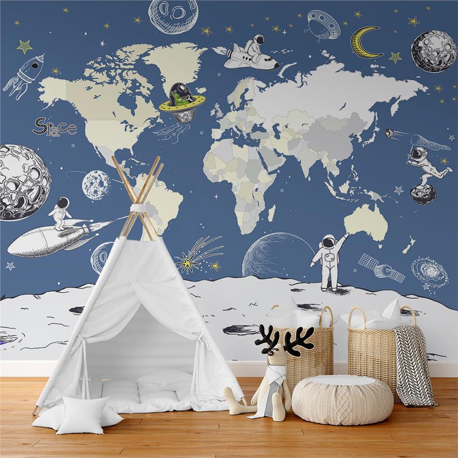 Space and World Map Kids Room Wallpaper