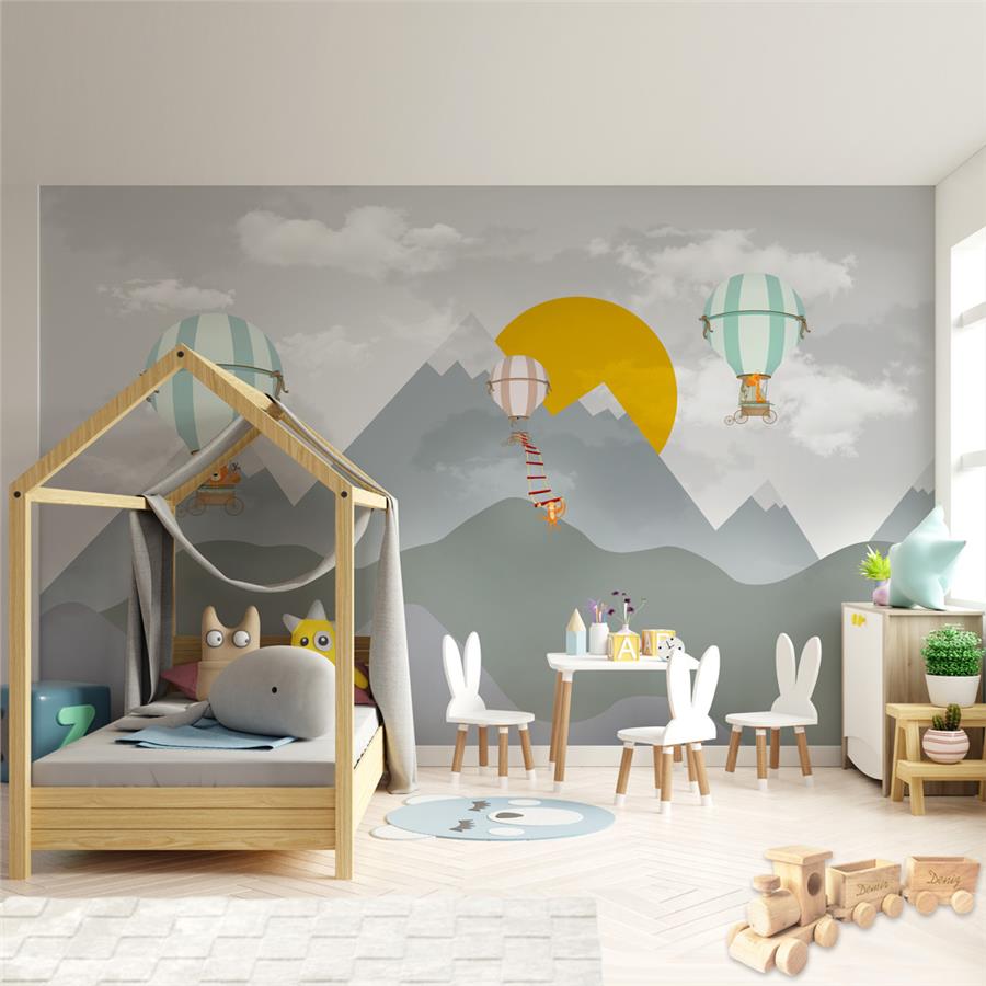 Sweet Animals and Flying Balloon Kids Room Wallpaper