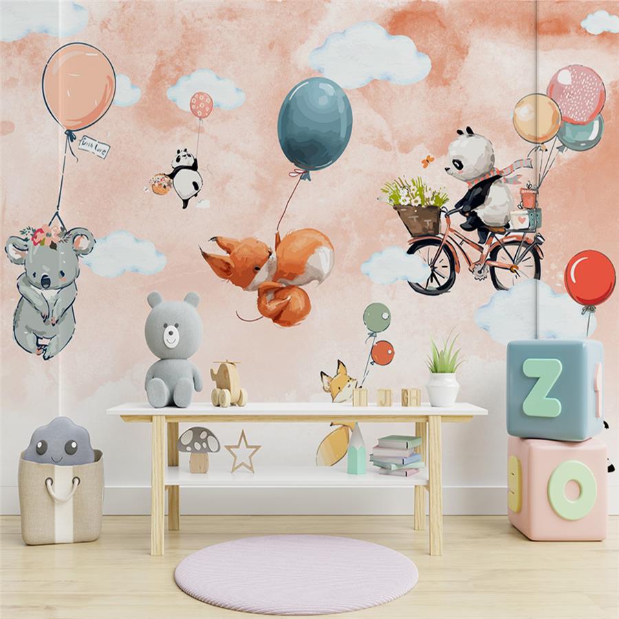 Sweet Animals and Flying Balloons Kids Room Wallpaper