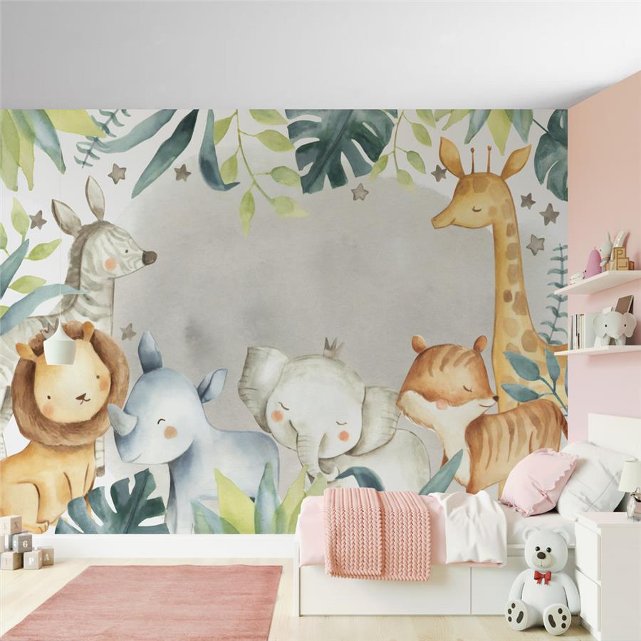 Sweet Animals and Tropical Leaves Baby Wallpaper