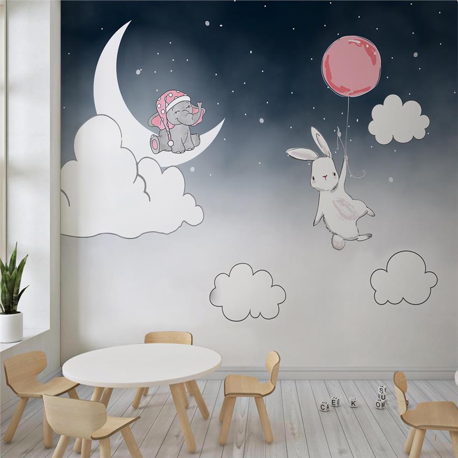Sweet Bunny and Elephant in the Sky Kids Room Wallpaper