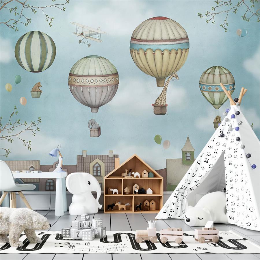 Sweet Friends on Flying Balloon Kids Room Wallpaper