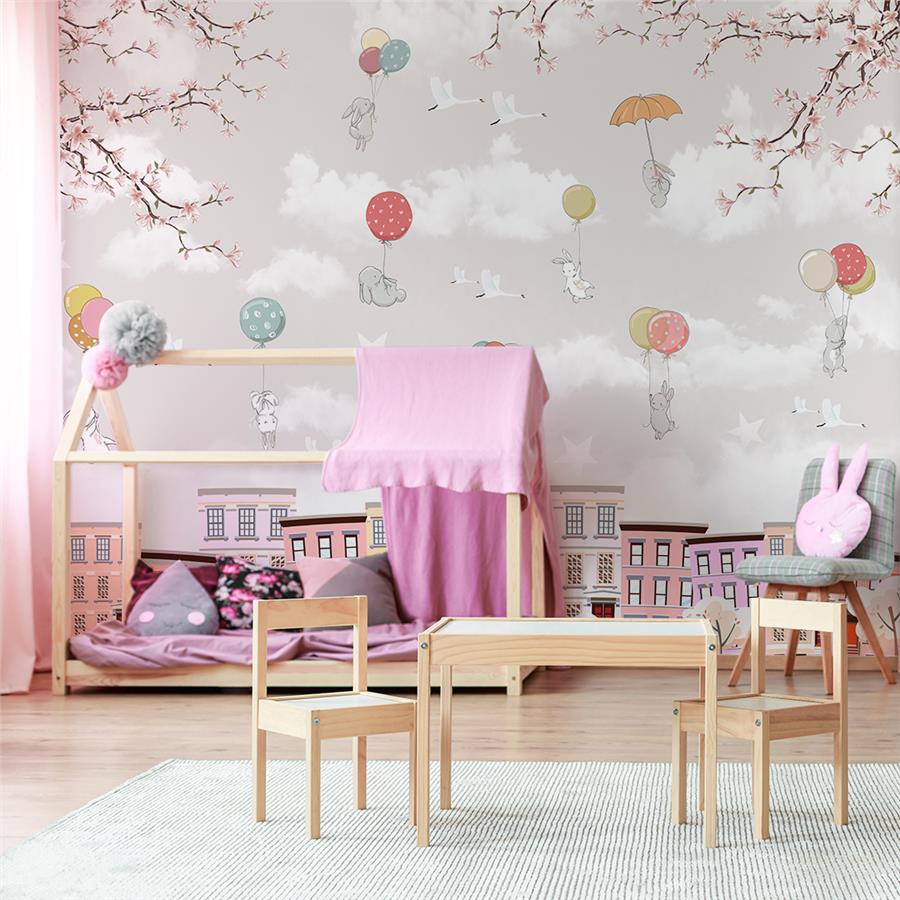 Sweet Little Ones and Flying Balloons Kids Room Wallpaper