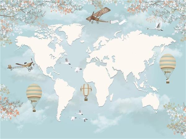 Flying Balloons and World Map Kids Room Wallpaper by MywallpaperShop
