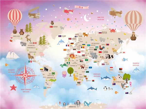 Ulke Bayraklari and Egitici World Map Kids Room Wallpaper by MywallpaperShop