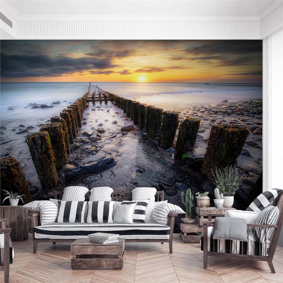 3D Wooden Pier Sea Wallpaper Calm Coastal Mural Home