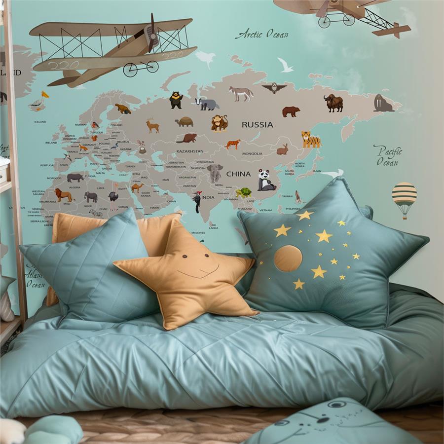 World Map Kids Room Wallpaper