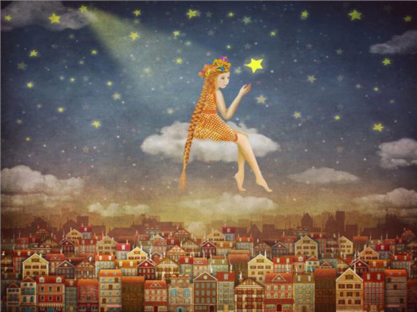 Clouds Uzerindeki Kiz and Stars Kids Room Wallpaper by MywallpaperShop
