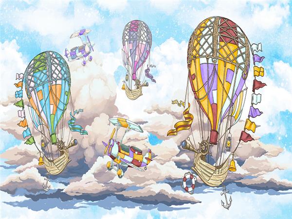 Air Plane and Flying Balloons Kids Room Wallpaper by MywallpaperShop
