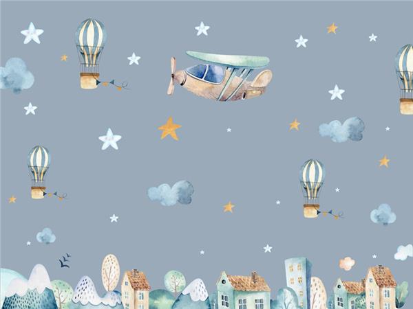 Air Plane and Flying Balloons Kids Room Wallpaper by MywallpaperShop